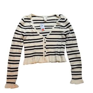 Full Tilt Women's Cropped Striped Knit Sweater Black & Cream Button Front Size M